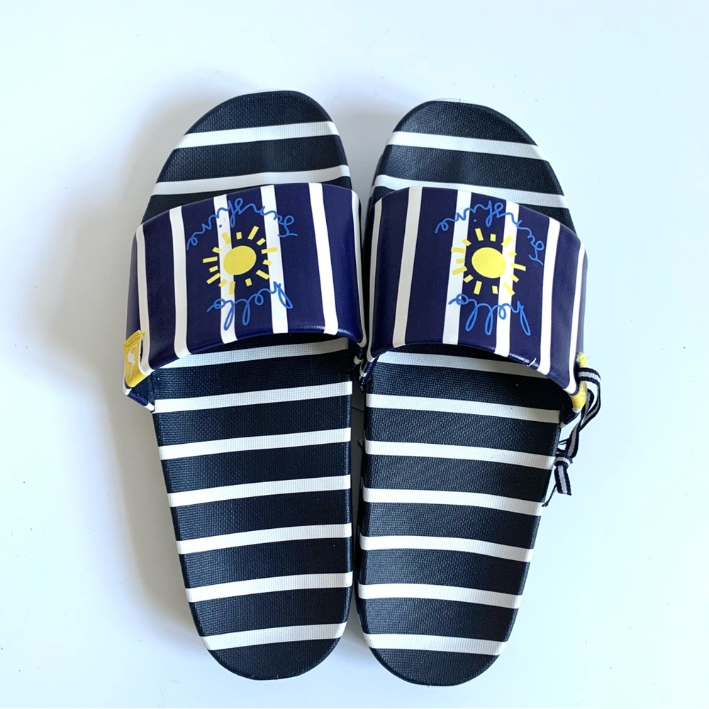 Joules Navy Hello sunshine striped slides  NWT